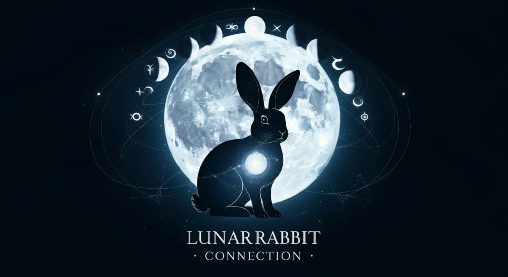 A rabbit silhouette against a large, detailed moon background with lunar cycle symbols. Ethereal energy lines connect the rabbit to different moon phases, illustrating the spiritual connection between rabbits and lunar energy.
