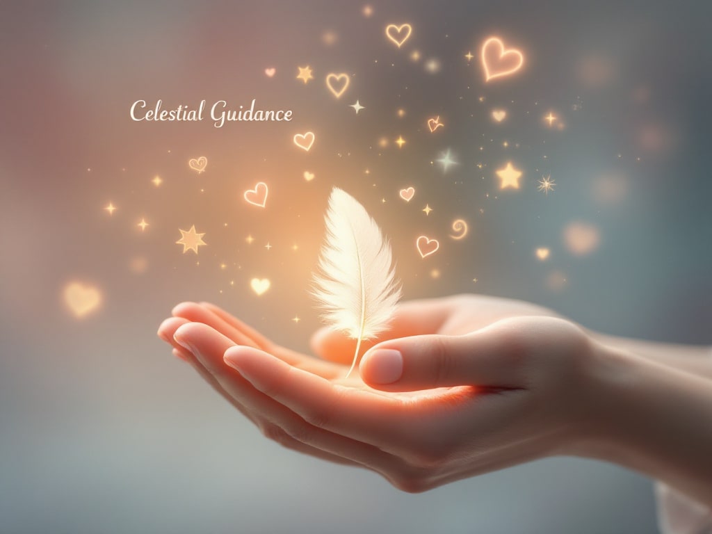 A hand holding a small white feather with transparent symbols floating above, illustrating the various messages and signs associated with finding these feathers, with "Celestial Guidance" text overlay.
