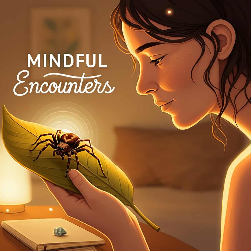 A person gently observing a spider on a leaf, demonstrating a mindful and spiritual approach to spider encounters in the home.