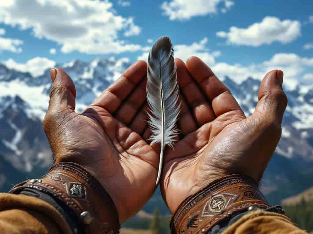 Close-up of weathered hands with beaded wristbands holding a single eagle feather against a mountainous backdrop, symbolizing strength and courage in Native American culture.