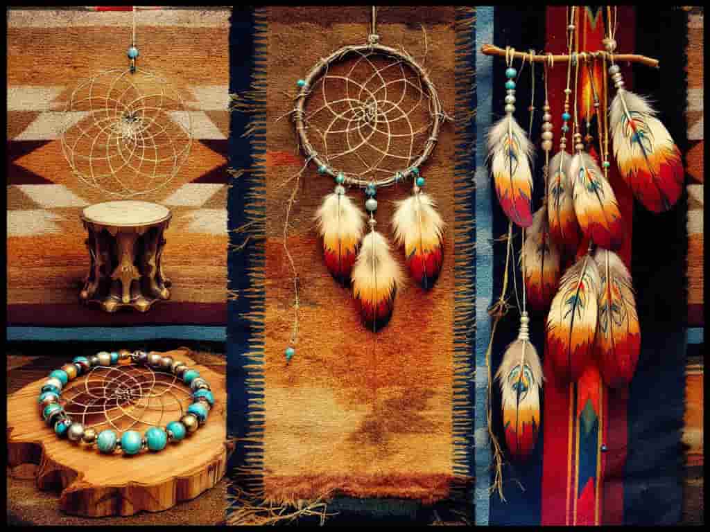 Collage of Native American art forms featuring feathers, including dreamcatcher, beaded jewelry, painted feathers, and headdress, arranged on a traditional woven blanket background.