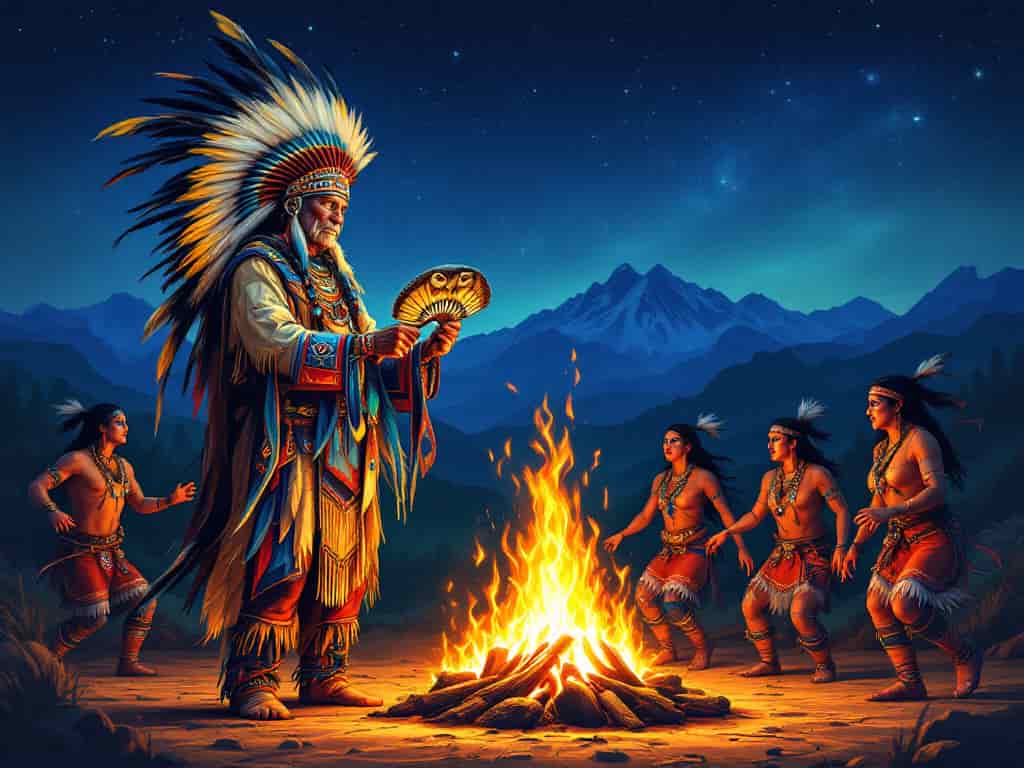 Dynamic scene of Native American ceremonial dance with figures in feathered regalia, featuring smudging rituals, sacred fire, and drum circles, highlighting the use of feathers in ceremonies.