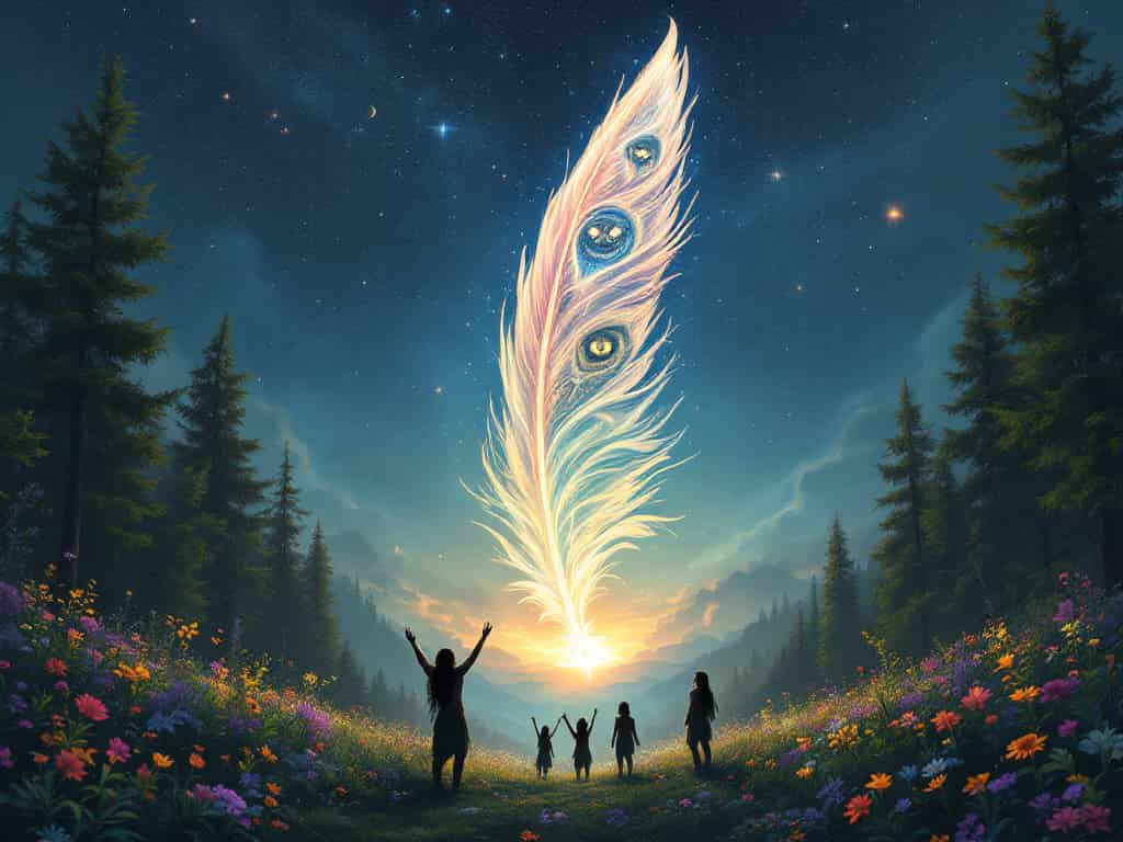 Ethereal image of a giant translucent feather connecting earth to a starry sky, with Native American silhouettes reaching upward and spirit animals emerging from the celestial realm.