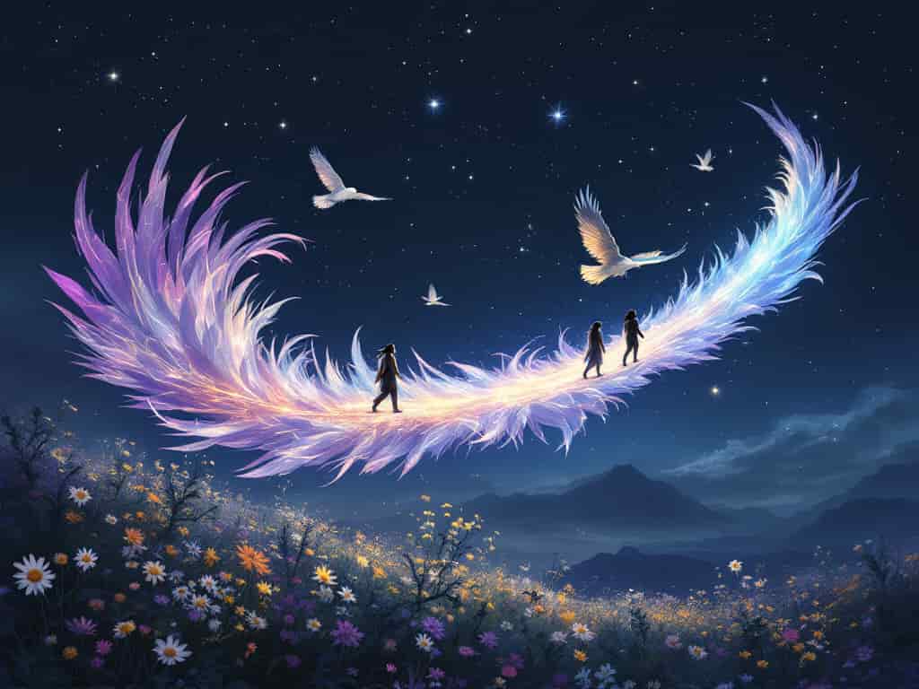 Mystical scene depicting a bridge made of glowing feathers connecting earth to sky, with Native American silhouettes crossing and spirit animals flying, symbolizing the spiritual significance of feathers.