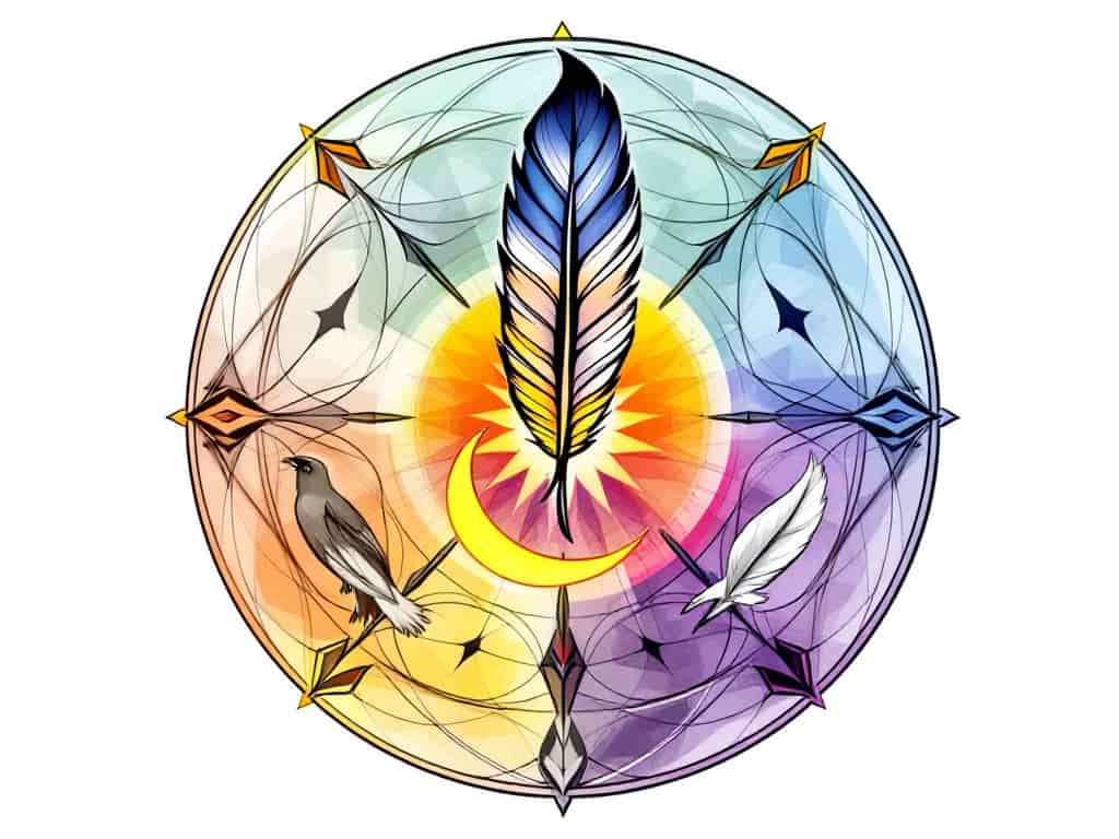Circular diagram resembling a Native American medicine wheel, showcasing different types of feathers with their symbolic meanings, colors, and associated tribal patterns.