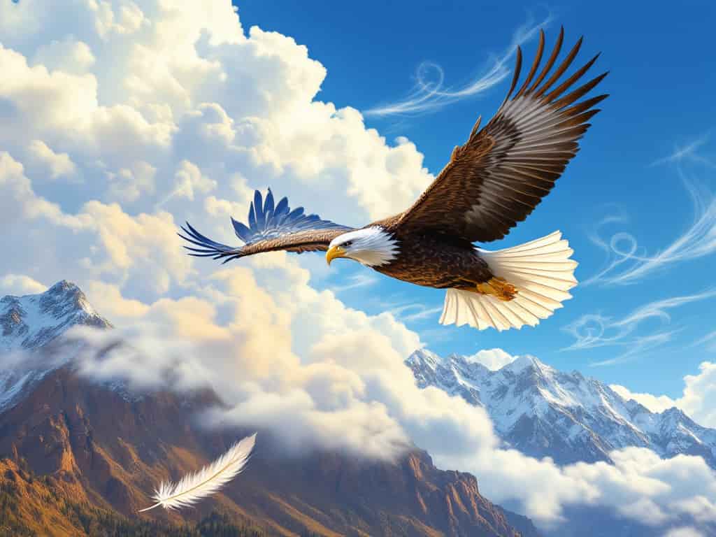 Majestic bald eagle soaring over mountains with a glowing eagle feather below, surrounded by Native American symbols for strength and courage in the clouds.