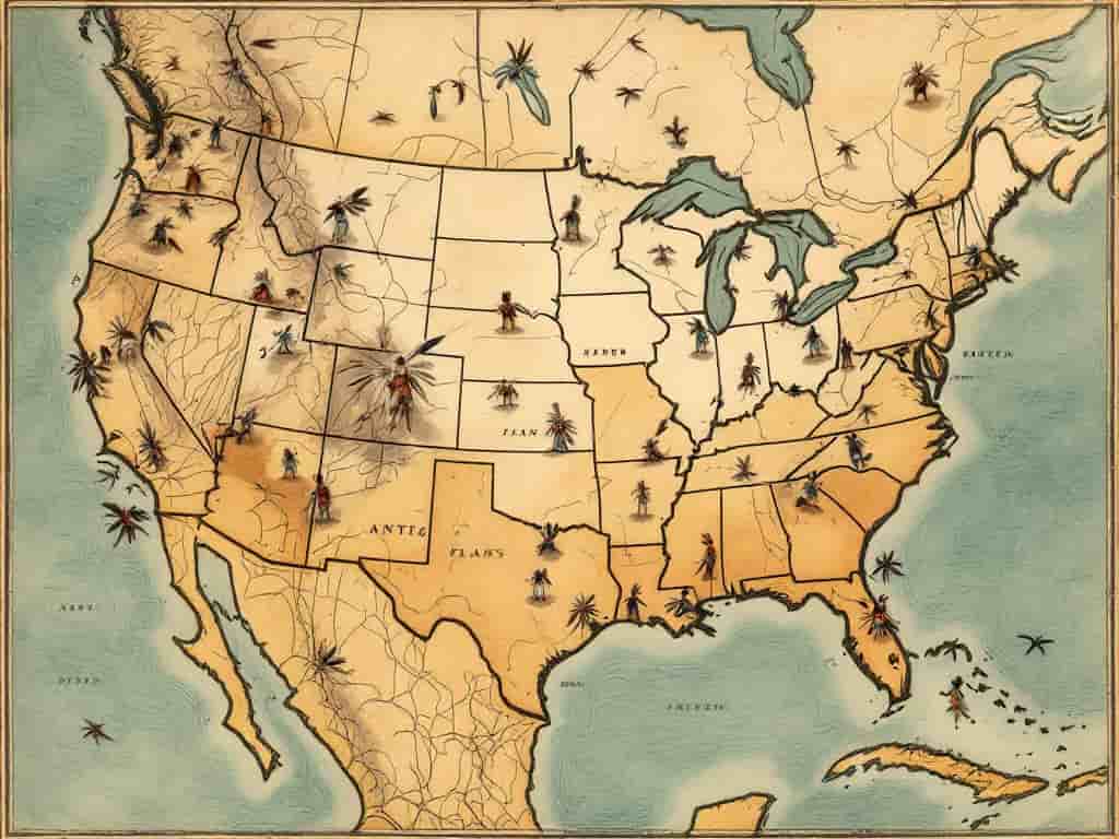 Map of North America highlighting regional tribal feather traditions, featuring miniature illustrations of unique feather uses across different Native American cultures.

