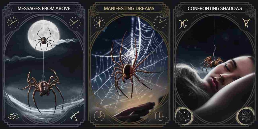 A triptych image showing three nighttime spider behaviors: descending on a thread, spinning a web, and approaching a sleeper, each with spiritual interpretations, set against a symbolic night sky background.