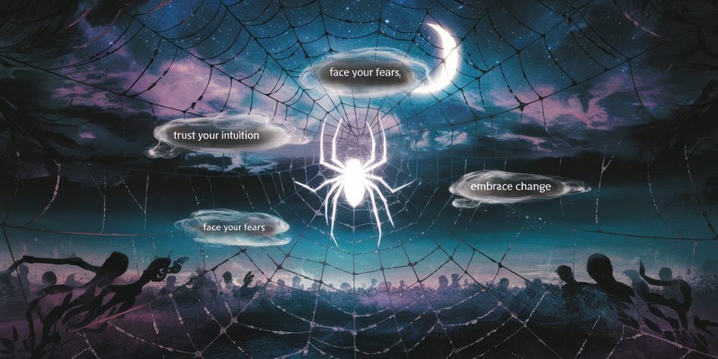 A mystical night scene featuring a large, illuminated spider web with a glowing spider at its center, surrounded by floating text bubbles containing spiritual lessons, set against a starry sky with ghostly human silhouettes approaching.