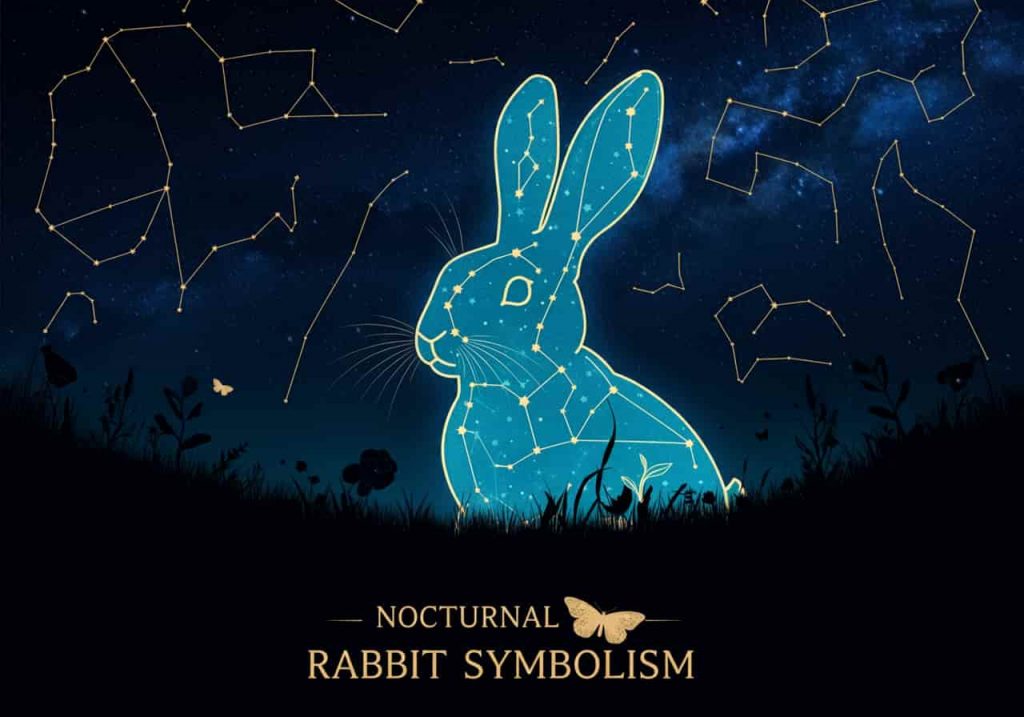 A starry night sky with rabbit-shaped constellations above a moonlit landscape. A rabbit silhouette stands amidst symbols of fertility, abundance, and transformation, illustrating the spiritual symbolism of nighttime rabbit encounters.