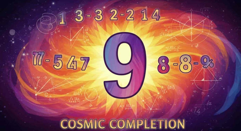 A psychedelic pop art image centered on the number 9, surrounded by swirling patterns, smaller numbers, and sacred geometry shapes, with the phrase "Cosmic Completion" at the bottom.