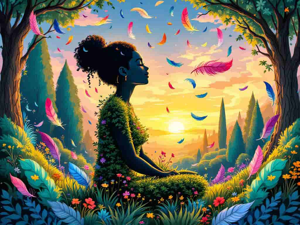 A silhouette of a person in a reflective pose, filled with a growth-symbolizing landscape, surrounded by floating feathers, representing personal growth and self-reflection through feather encounters.
