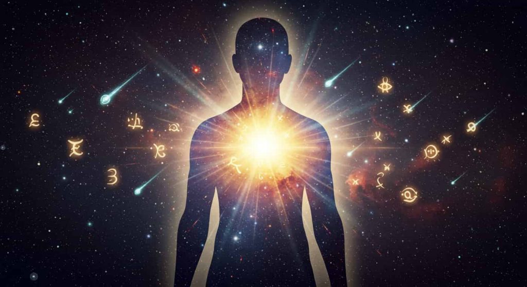 A human silhouette filled with a cosmic scene and emitting light beams, surrounded by floating symbols, illustrating the transformative power of shooting star experiences.