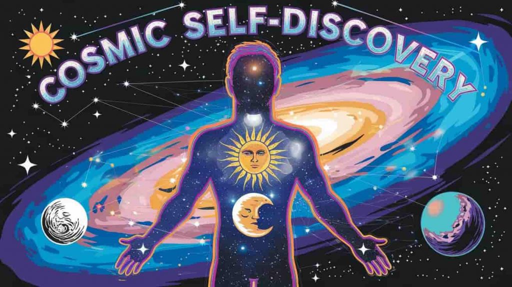 Silhouette of a person filled with a starry sky, sun and moon in the chest, connected by energy lines to surrounding celestial bodies, symbolizing personal spiritual connections to the cosmos.