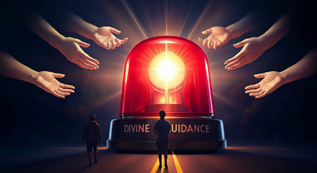 Artistic depiction of divine intervention through police sirens, shown as celestial hands guiding human figures through light beams.
