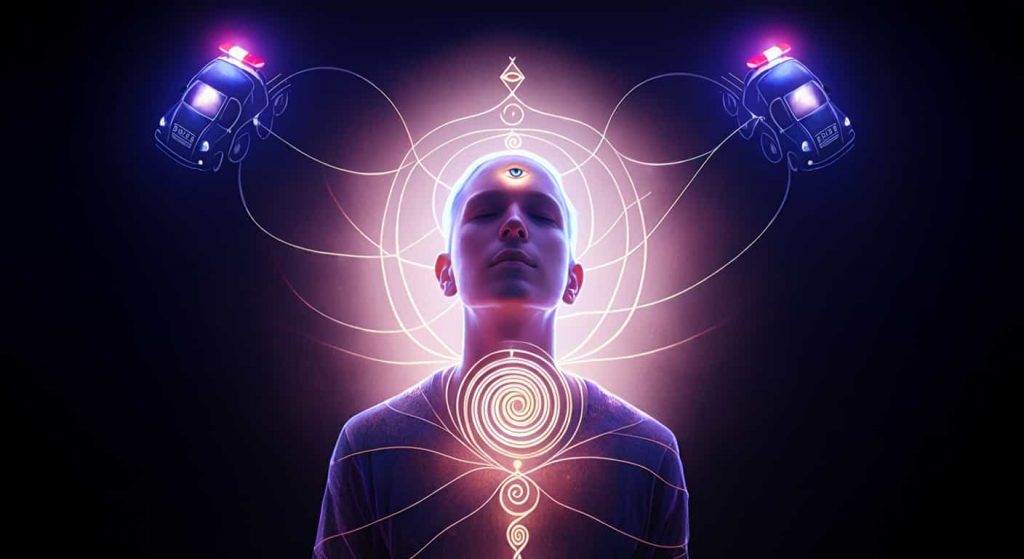 Illustration of a person developing spiritual sensitivity to police siren messages, shown through interconnected energy fields and symbolic representations of intuition.