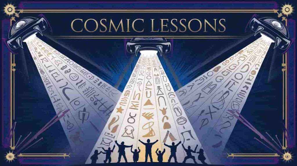 Conceptual image of spiritual messages and lessons from police sirens, depicted as light beams carrying wisdom and enlightenment to human silhouettes.