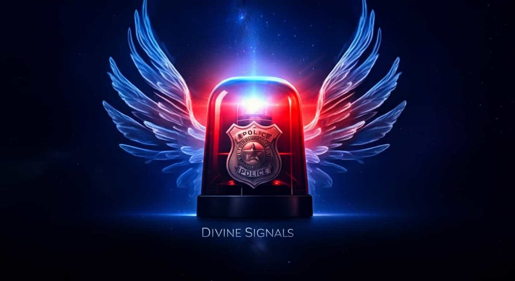 Abstract representation of police sirens as spiritual symbols, showing divine intervention and protection through light patterns and celestial imagery.