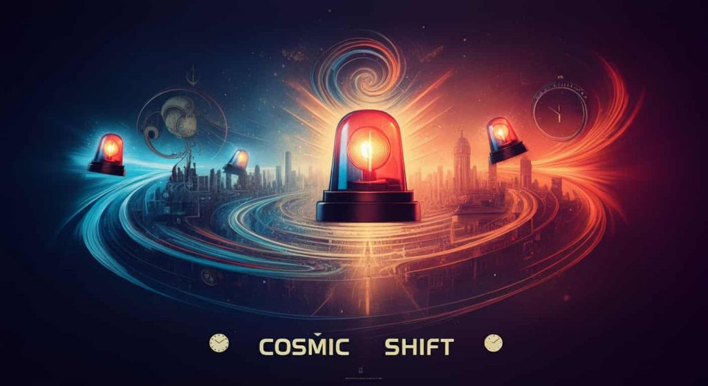 Dynamic illustration of transformation and change symbolized by police sirens, depicted as swirling energies reshaping reality.