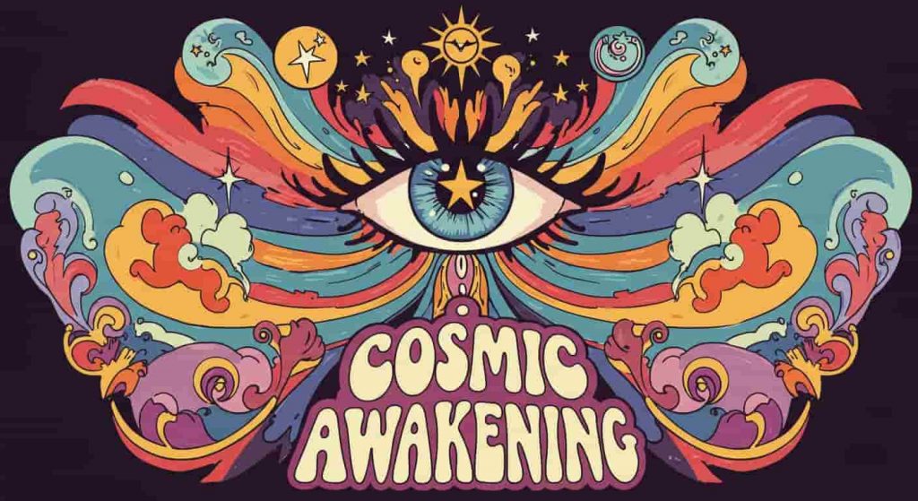 Bold Peter Max-inspired pop art featuring an eye with a star pupil emanating psychedelic waves of cosmic energy, titled "Cosmic Awakening".
