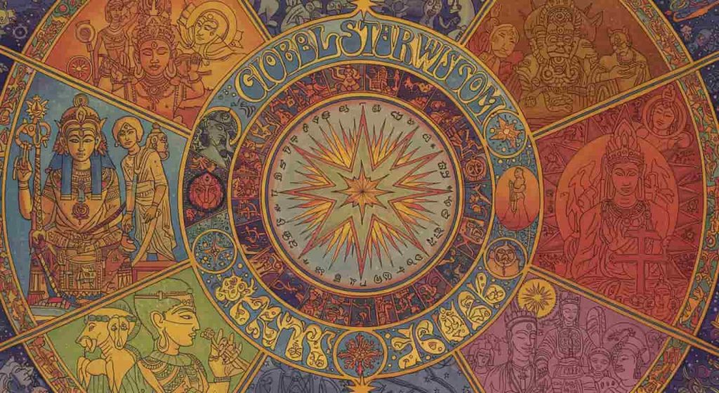 Vibrant Peter Max-inspired pop art mandala showcasing diverse cultural interpretations of the forehead star symbol, titled "Global Star Wisdom".
