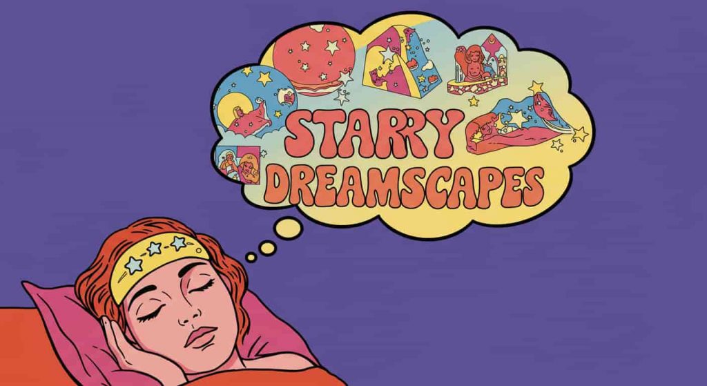 Psychedelic Peter Max-style illustration of a dreamer with a vibrant thought bubble filled with forehead star symbolism, titled "Starry Dreamscapes".
