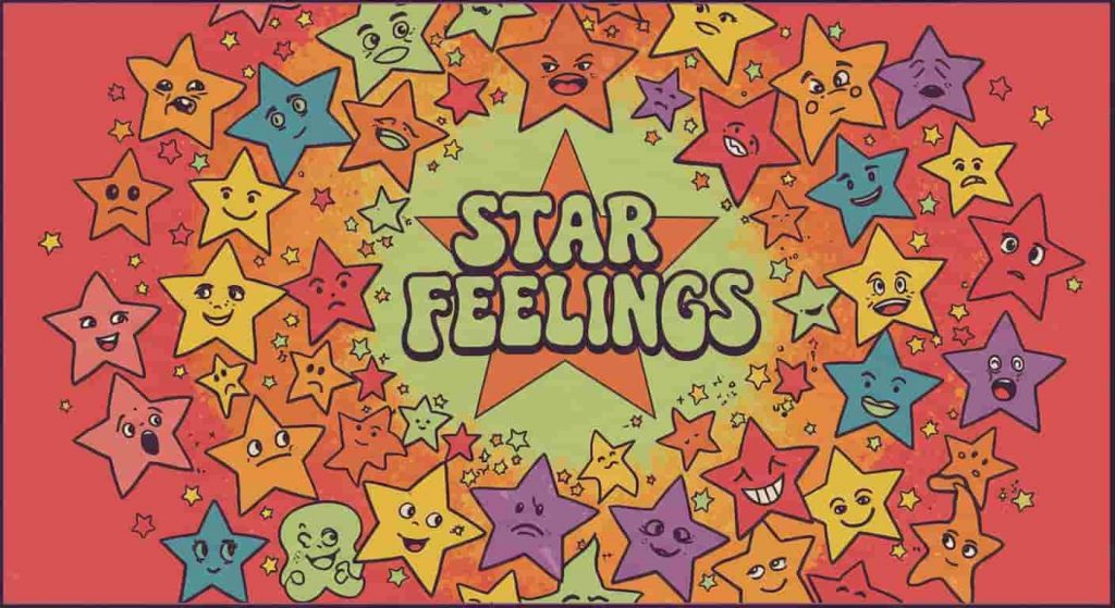 Psychedelic Peter Max-style circular arrangement of vibrant stars representing various emotions associated with forehead star experiences, titled "Star Feelings".