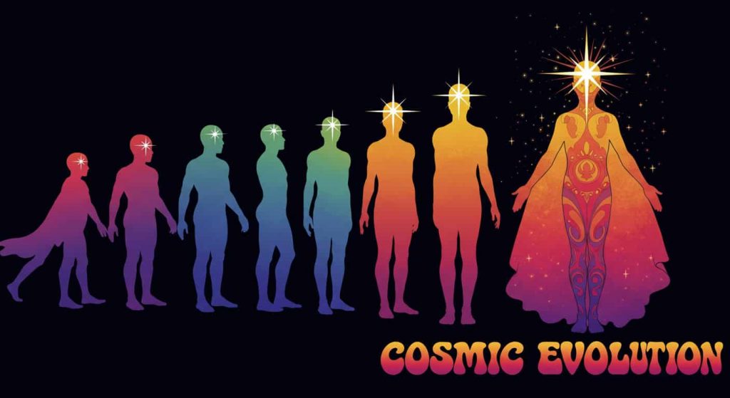 Peter Max-style pop art sequence showing spiritual evolution through colorful figures with increasingly vibrant forehead stars, titled "Cosmic Evolution".
