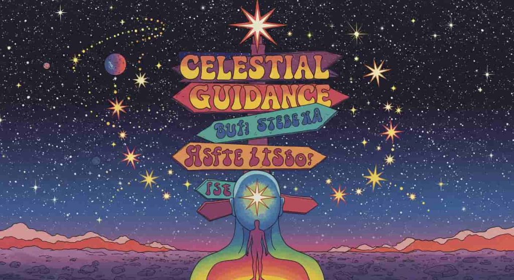 Psychedelic Peter Max-style illustration of a person at a cosmic crossroads with vibrant star signposts, representing forehead star guidance.
