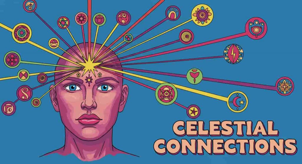 Peter Max-inspired pop art illustration of a face with a forehead star connecting to vibrant symbols of spiritual concepts, titled "Celestial Connections".
