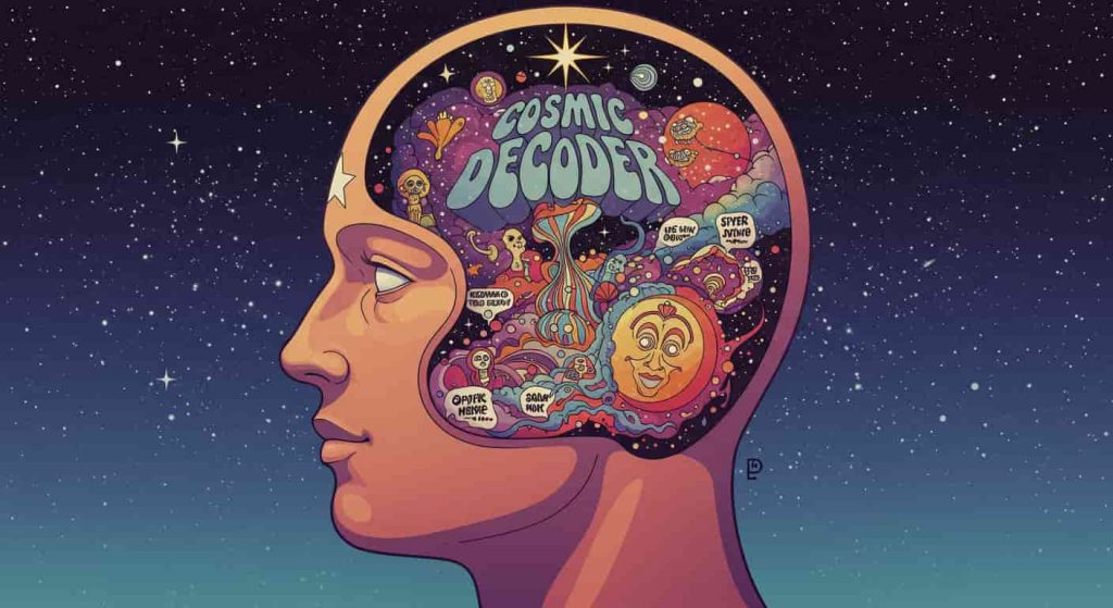 Vibrant Peter Max-style surreal illustration of a head revealing an inner psychedelic cosmos, representing forehead star insights, titled "Cosmic Decoder".