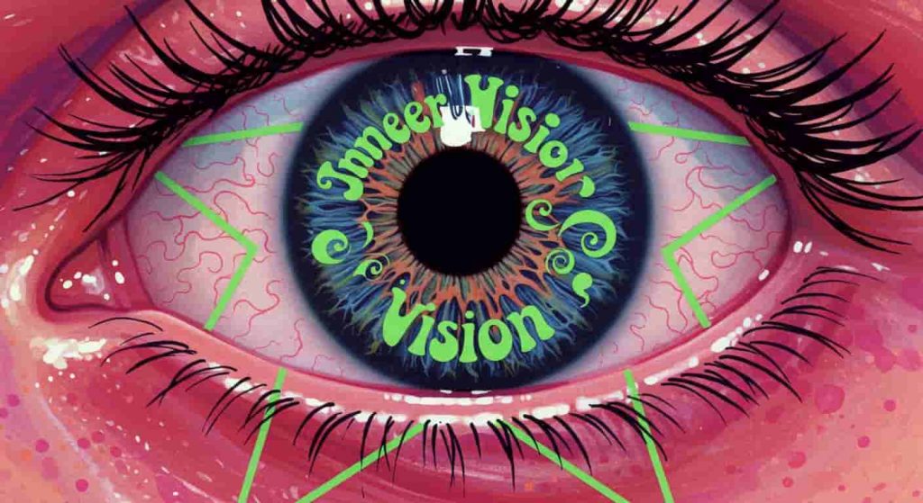 Psychedelic Peter Max-style illustration of an eye with a star-shaped iris representing third eye activation, titled "Inner Vision".