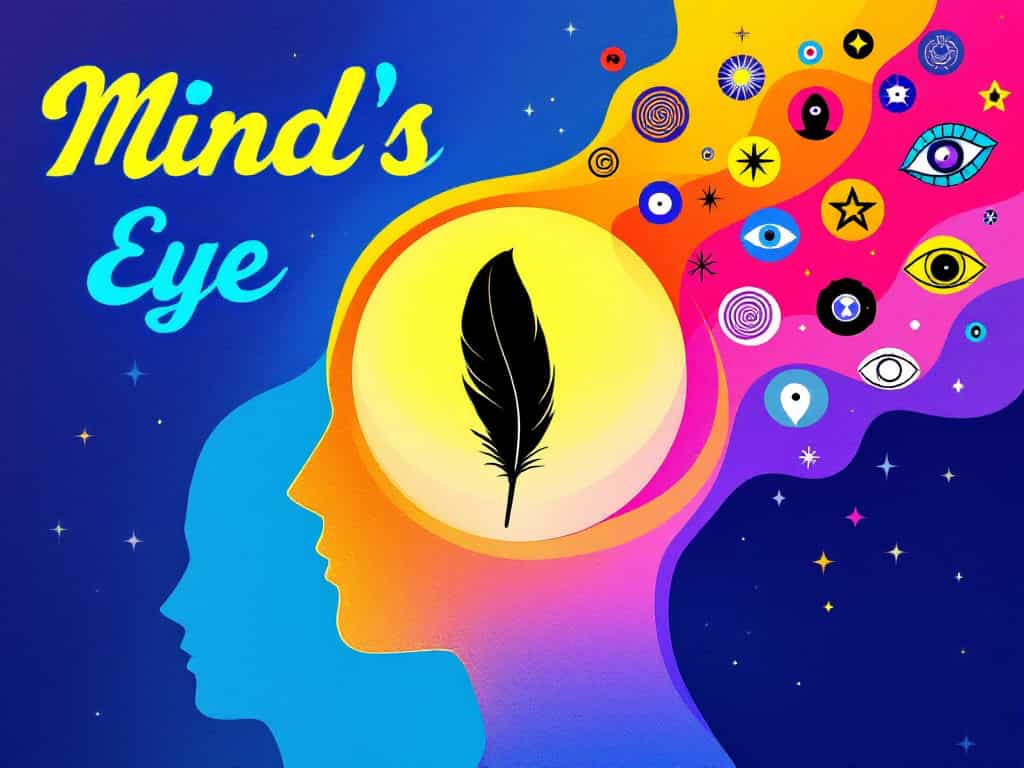 A human silhouette with a transparent brain showing a black feather surrounded by thought bubbles containing symbols of intuition and awareness. The title "Mind's Eye" appears in the corner.