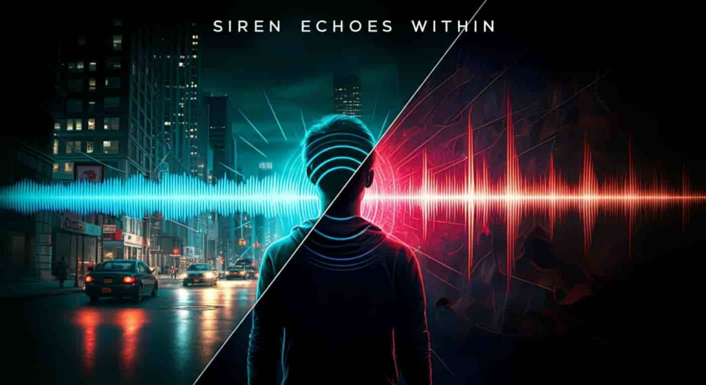A split-screen image showing a realistic urban scene with siren waves on one side, and the same person's inner world with siren waves transforming into colorful emotional representations on the other, titled "Siren Echoes Within".