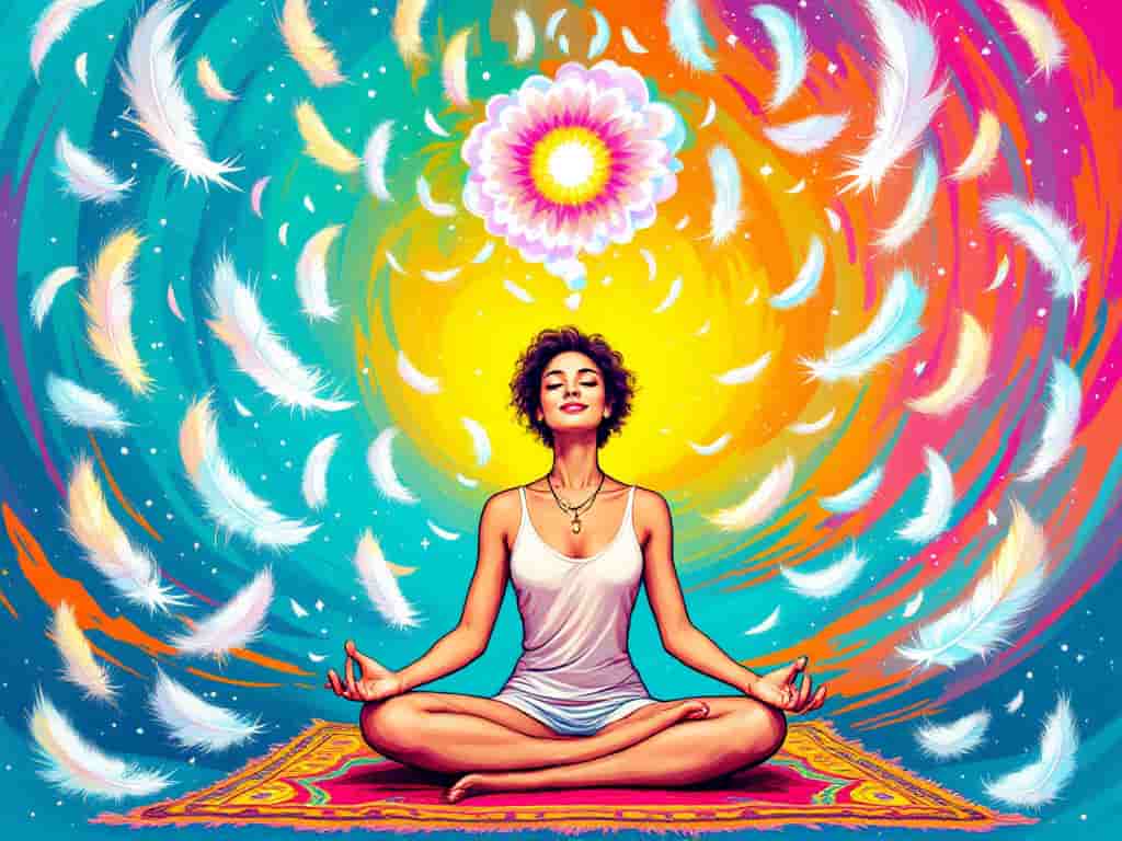 Person in a meditative pose surrounded by floating feathers and thought bubbles representing psychological concepts related to feather awareness.