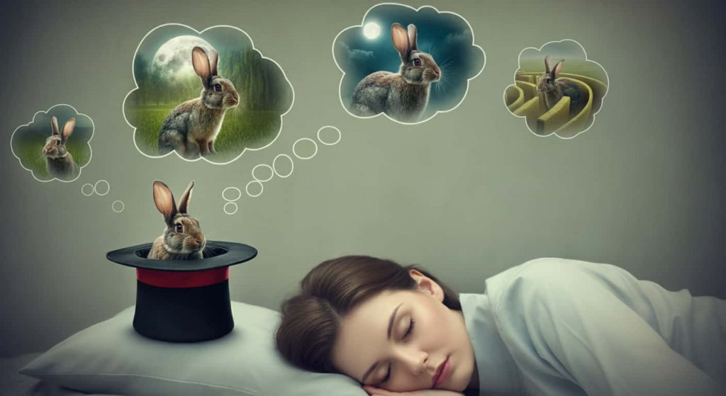 A dreamlike image of a sleeping person with thought bubbles containing surreal rabbit scenes: emerging from a hat, a giant rabbit in a moonlit field, and rabbits leading through a maze, representing the symbolism of rabbits in dreams and visions.