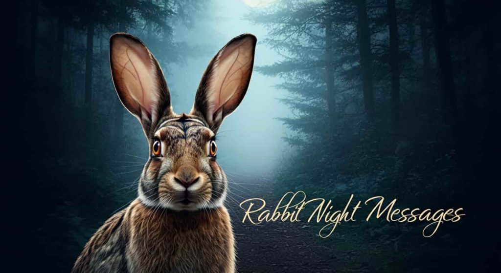 A moonlit forest path with a rabbit in the foreground gazing at the viewer. Shadowy forest elements form symbols of intuition, change, and spiritual growth, representing the messages conveyed through nighttime rabbit encounters.