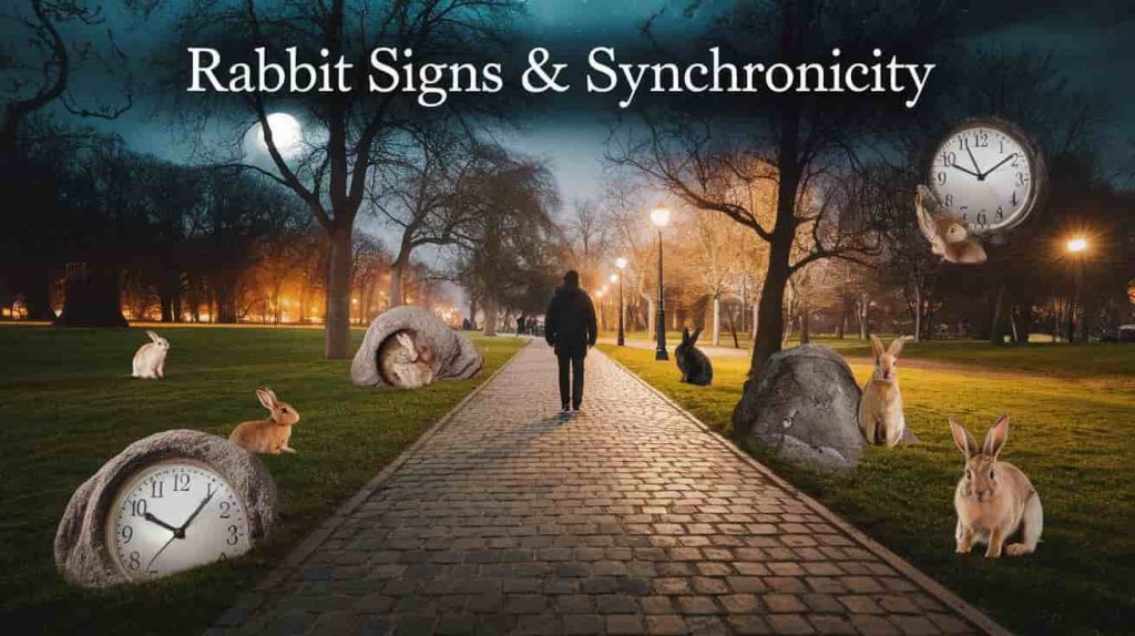 A nighttime park scene with a person walking among multiple rabbits, some obvious and others hidden. Subtle clock faces integrated into natural elements suggest synchronicity, illustrating the concept of staying alert to signs and synchronicities in rabbit encounters.