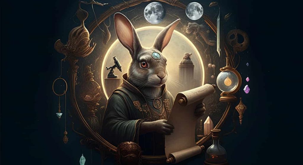 A wise, anthropomorphic rabbit holding a scroll, surrounded by scientific instruments and spiritual symbols. The balanced lighting represents the blend of scientific understanding and spiritual beliefs in interpreting rabbit symbolism.
