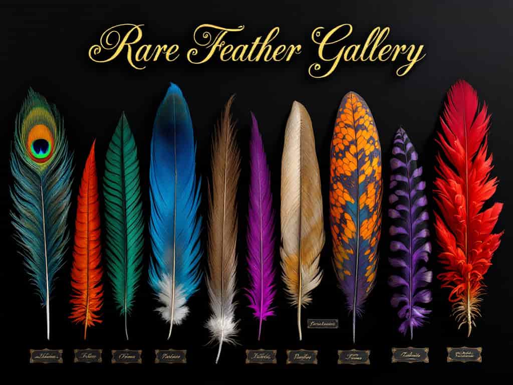 A curated collection of rare and unusual feathers from exotic birds displayed against a dark background, showcasing the diversity and beauty of uncommon feather types.