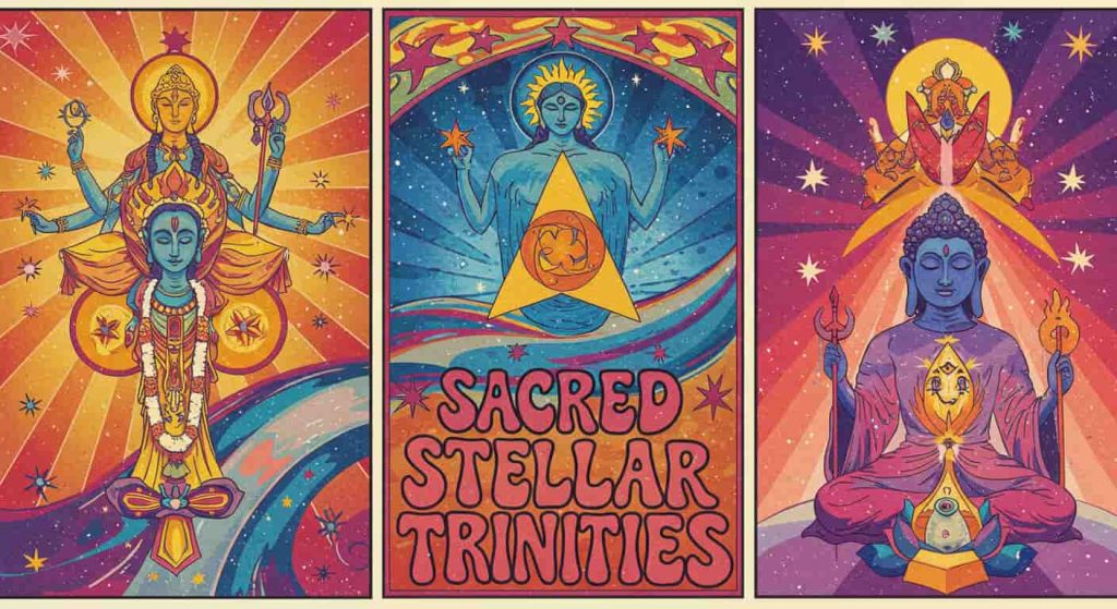 Peter Max-style pop art triptych with the title "Sacred Stellar Trinities" integrated, depicting Christian, Hindu, and Buddhist trinities with three-star motifs in vibrant colors, connected by a flowing river of psychedelic stardust.