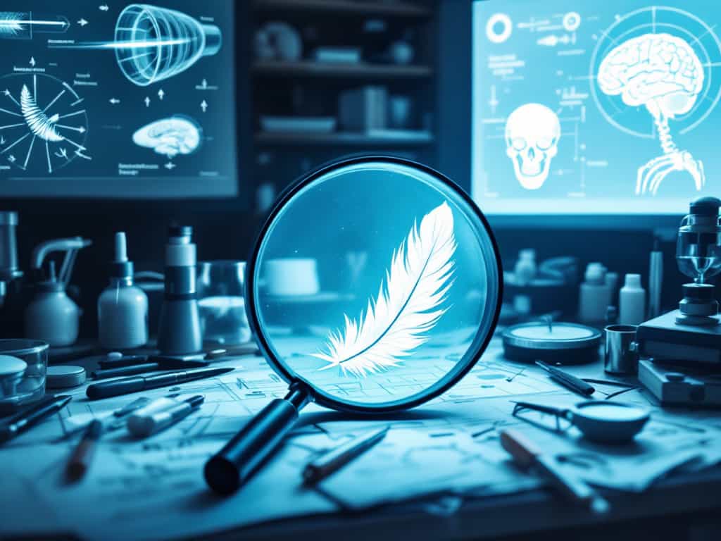 A scientist's workbench displaying tools for feather analysis, featuring a magnifying glass focused on a small white feather, surrounded by scientific diagrams of feather aerodynamics, bird anatomy, brain activity, and feather microstructure, illustrating the multifaceted scientific approach to understanding feather phenomena.