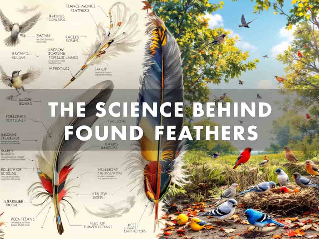 A split image showing scientific bird anatomy and feather structure alongside a natural scene with birds and fallen feathers, illustrating the scientific aspects of found feathers.