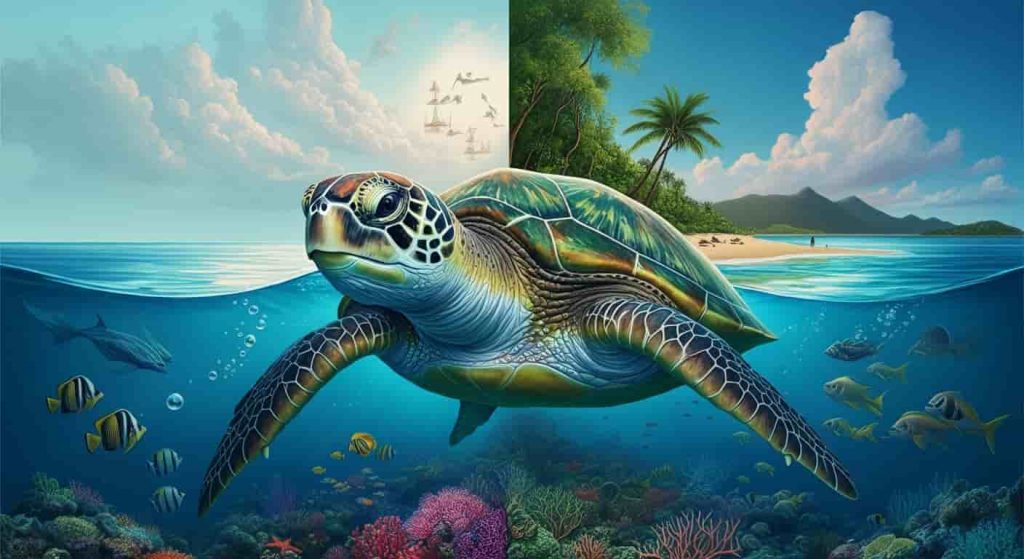 A sea turtle swimming through a scene split between underwater coral reefs and above-water ecosystems, symbolizing the connection between marine and terrestrial environments and the turtle's link to Mother Earth.