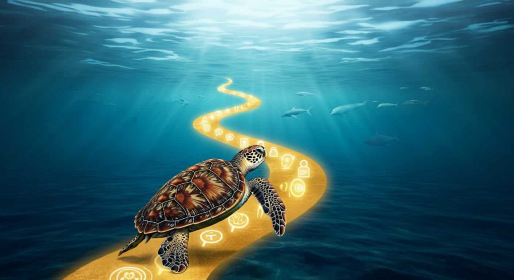 A sea turtle moving along a golden path across a tranquil ocean, with symbols of life stages, contrasted by blurred fast-moving creatures, illustrating the peace found in slow, steady progress.