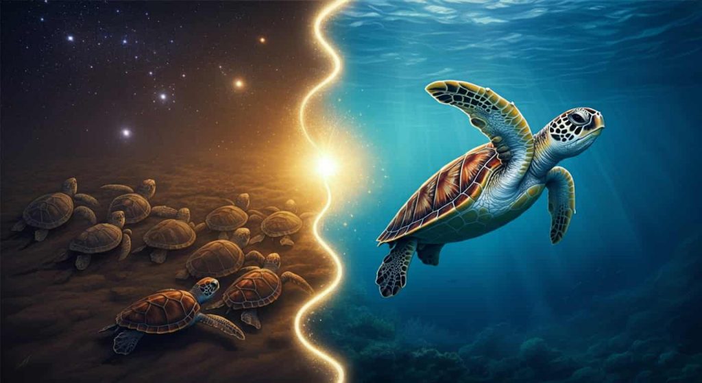 A split image showing sea turtle hatchlings on a beach and an adult turtle swimming, connected by a spiraling path of golden energy, illustrating the spiritual journey and lessons of life.