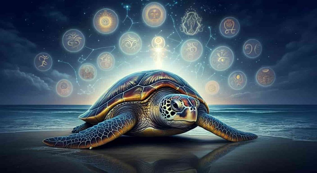 An ancient sea turtle emerging from the ocean onto a moonlit beach, surrounded by ethereal spiritual symbols and constellations, symbolizing wisdom and spiritual meanings.