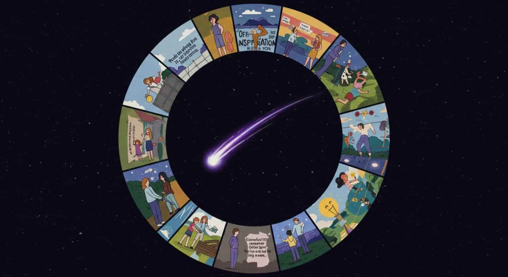 A circular telescope-like view of a shooting star, surrounded by scenes of people making life changes and reflecting the transformative impact of shooting star spiritual meanings.