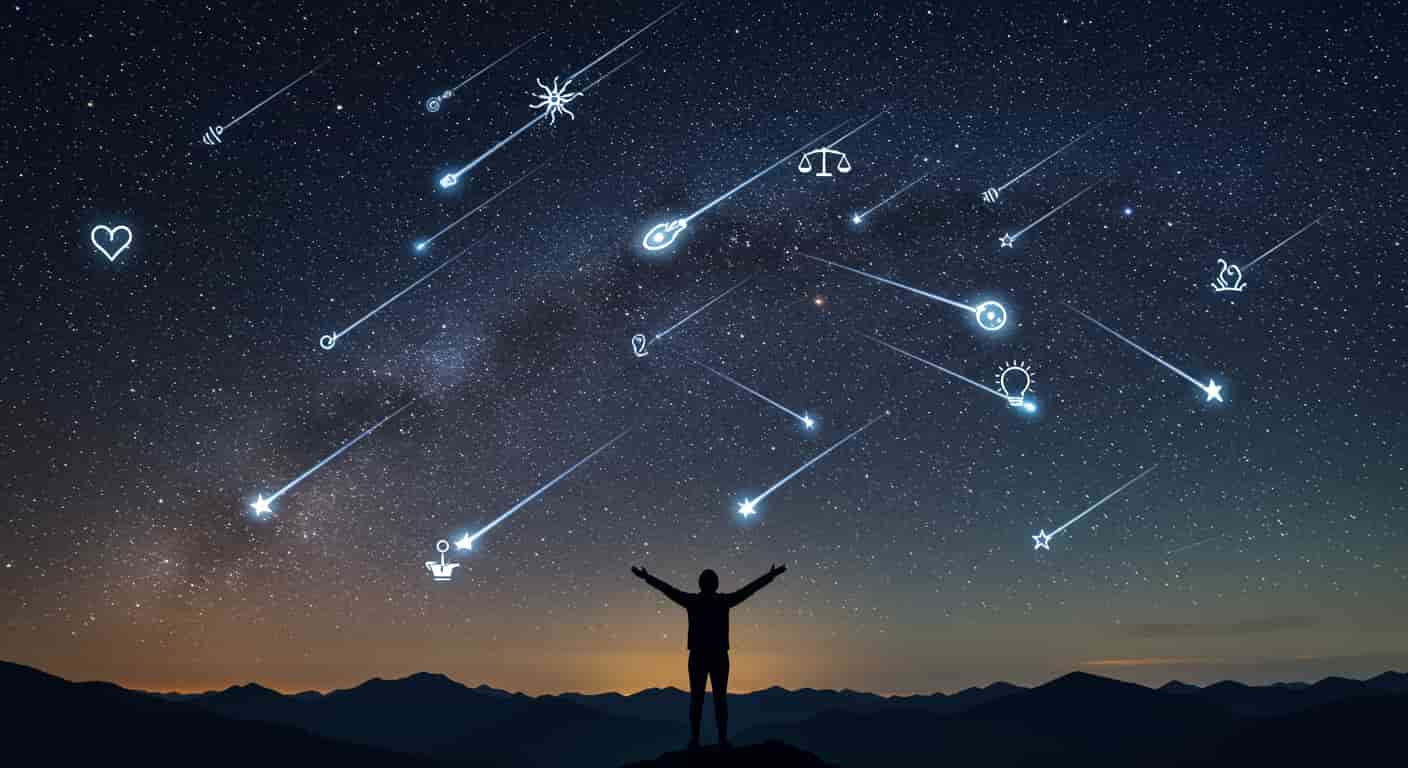A person on a mountain top with outstretched arms facing multiple shooting stars transforming into symbols of life lessons, depicting the spiritual teachings derived from celestial events.