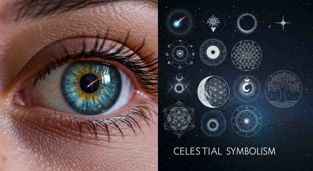A split-screen image showing a human eye reflecting a shooting star and various spiritual symbols, with "Celestial Symbolism" text, representing the diverse spiritual meanings associated with shooting stars.